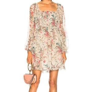 Zimmermann Bayou Flare Short Dress Floral Silk Balloon Sleeve Boho Size 1
